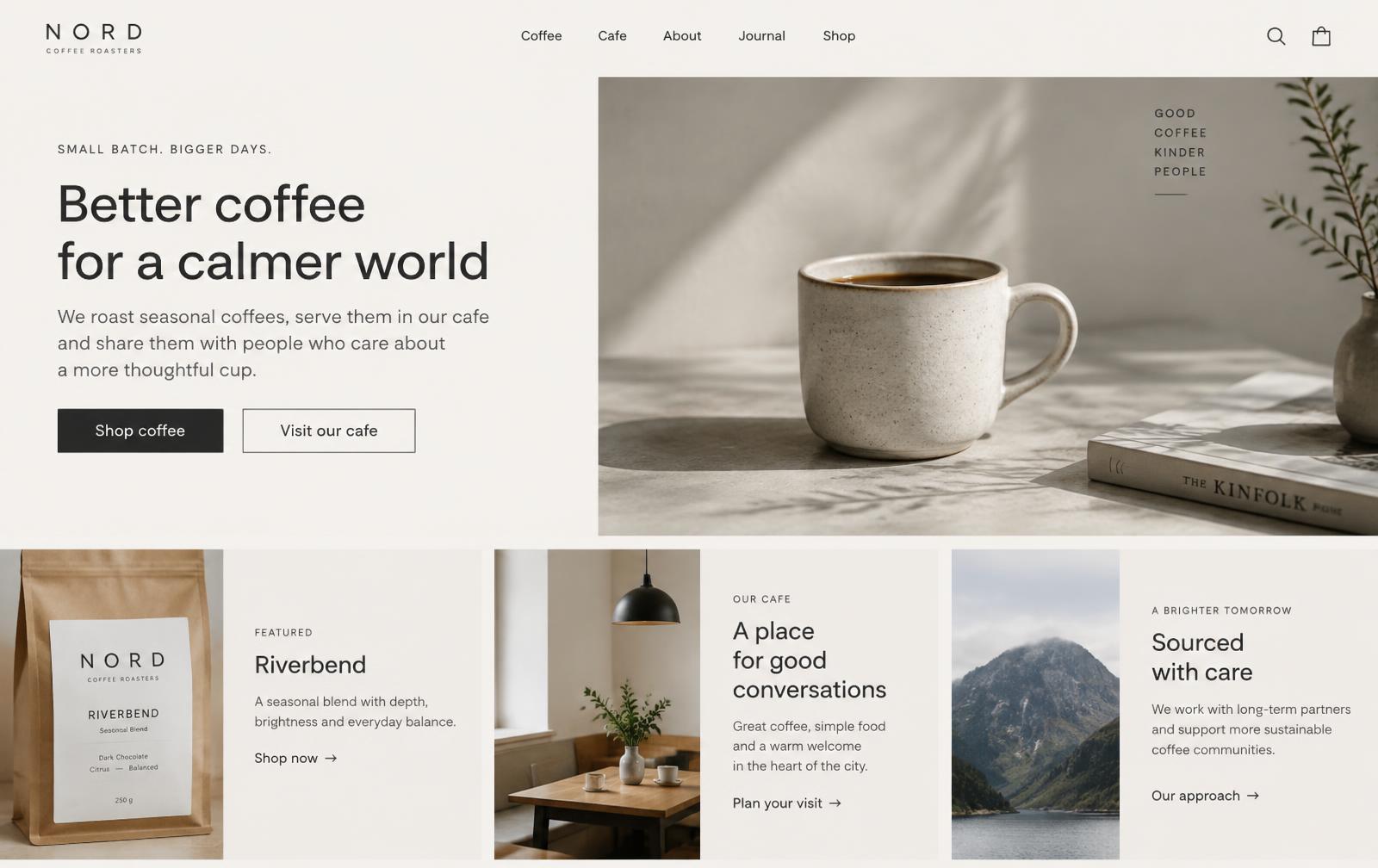 Minimal homepage design for an independent cafe